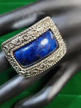1980s Artisan Blue Cabochon Ring Adjustable Silver Tone Statement Ring Handmade